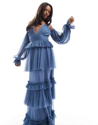 Lace & Beads sheer sleeve tulle tiered maxi dress in blue