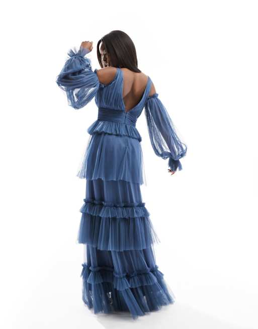 Lace & Beads sheer sleeve tulle tiered maxi dress in blue