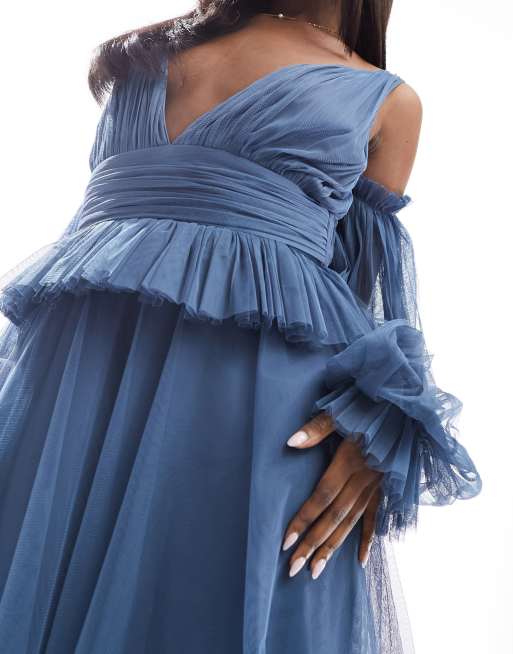 Lace & Beads Sheer Sleeve Tulle Tiered Maxi Dress in Blue