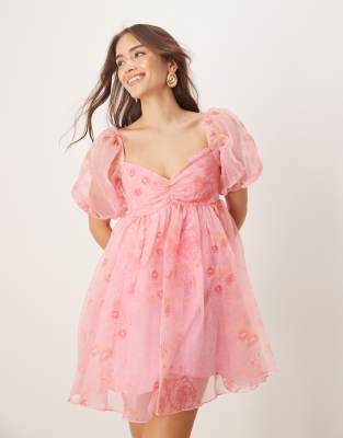 Lace & Beads Sheer Sleeves Organza Mini Dress In Pink