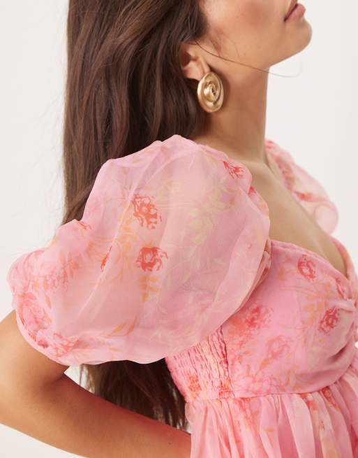 Lace & Beads sheer sleeves organza mini dress in pink floral