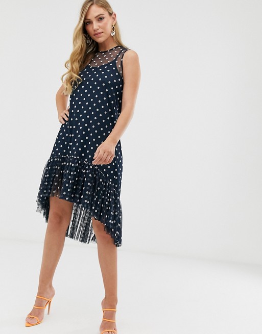 Lace & Beads shift dress in spotty mesh in navy