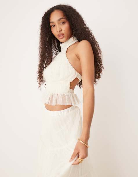 Lace & Beads shirred backless top co-ord in ivory - view 1