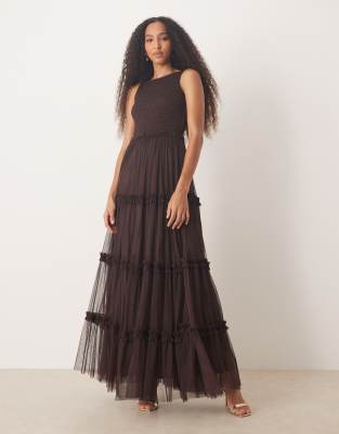 Lace & Beads Shirred Maxi Dress In Brown
