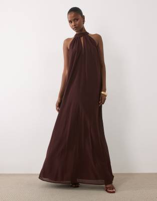 Lace & Beads Sleeveless Choker Detail Trapeze Maxi Dress In Brown