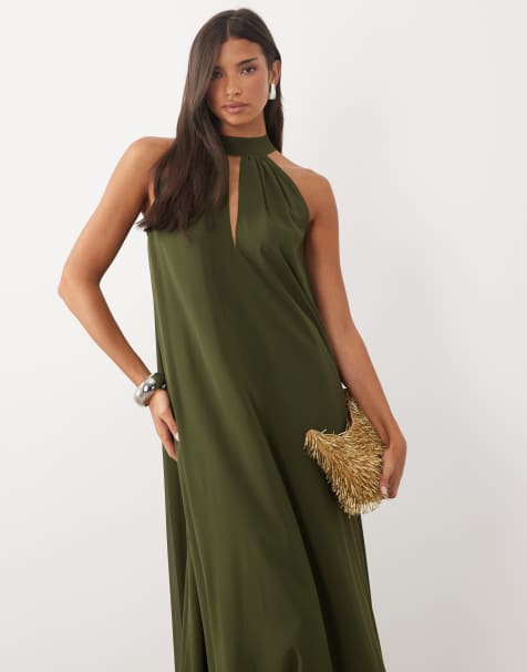 Lace & Beads sleeveless choker detail trapeze maxi dress in olive - view 1