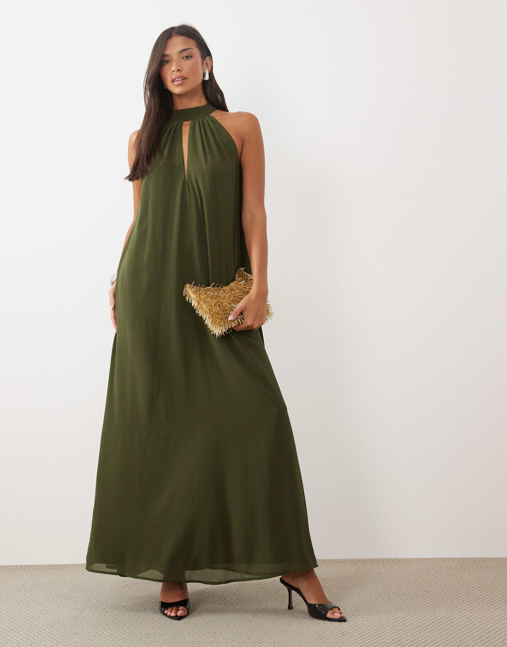 lace & beads sleeveless choker detail trapeze maxi dress in olive