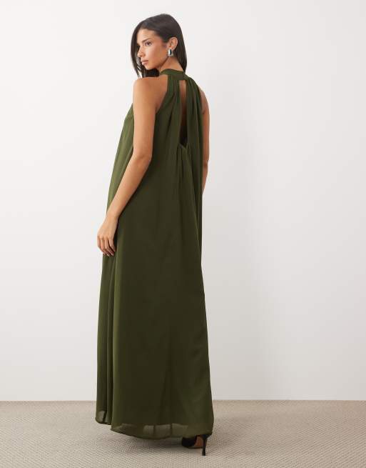 Lace & Beads sleeveless choker detail trapeze maxi dress in olive, 4 of 4