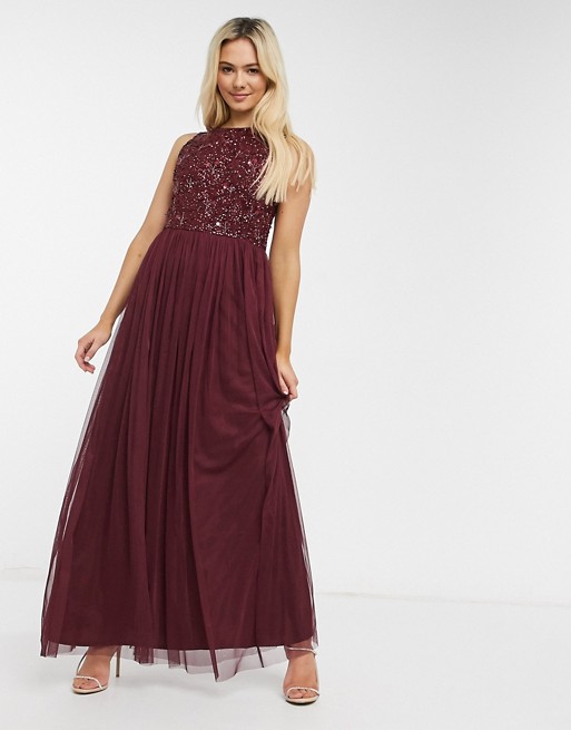 Lace & Beads sleeveless embellished maxi dress in burgundy