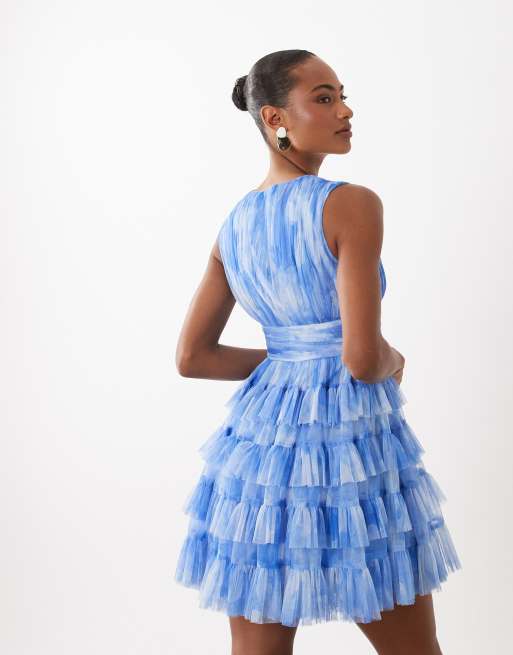 Lace & Beads sleeveless plunge neck ruffle tiered mini dress in blurred blue floral, 3 of 4