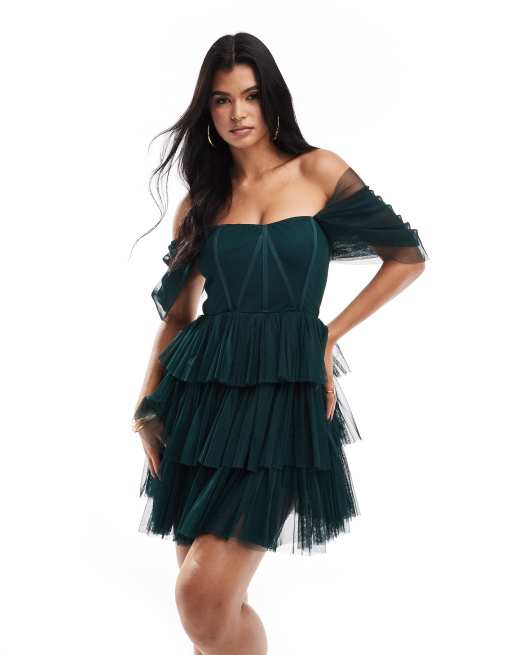Lace & Beads - Smaragdgrøn offshoulder-minikjole med korsetdetaljer i tyl