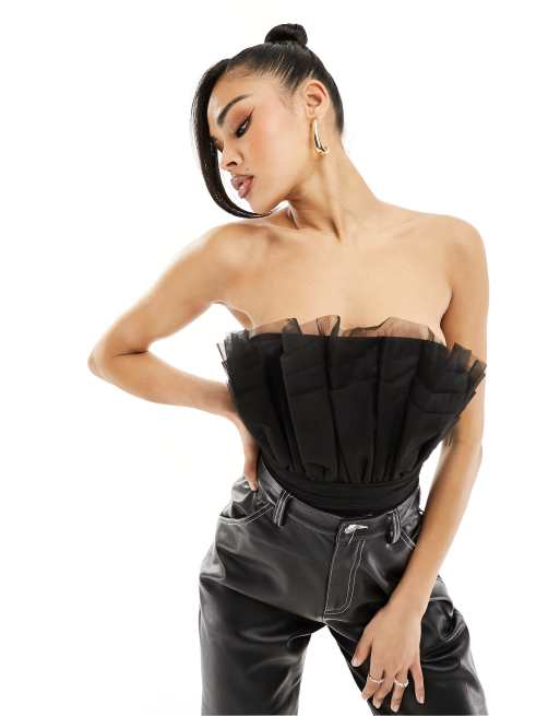 Lace & Beads - Sort bandeau-bodystocking i tyl