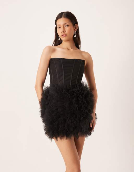 Lace & Beads - Sort bandeau-minikjole med korsetdetalje i tyl, 3 af 4