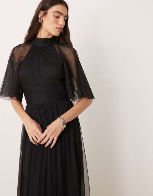 Lace & Beads - Sort højhalset maxikjole i gennemsigtig tyl med flagrende ærmer, 2 af 4
