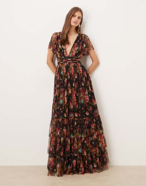 Lace & Beads - Sort maxikjole i tyl med dyb V-hals og flagrende ærmer og blomsterprint - view 1