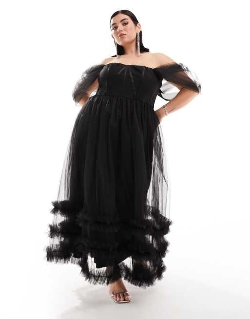 Lace & Beads - Sort midaxi-kjole med flæser og offshoulder-snit i tyl