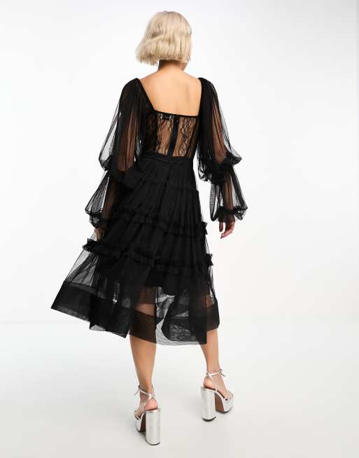 Lace & Beads - Sort midikjole med korsetdetalje i tyl, 2 af 4