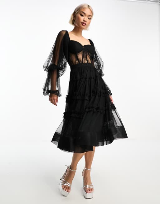 Lace & Beads - Sort midikjole med korsetdetalje i tyl, 4 af 4