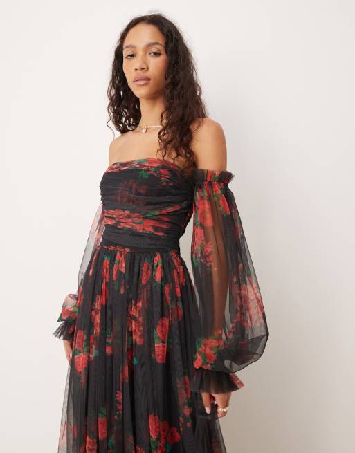 Lace & Beads - Sort offshoulder-maxikjole med ballonærmer og rosenprint i tyl, 2 af 4
