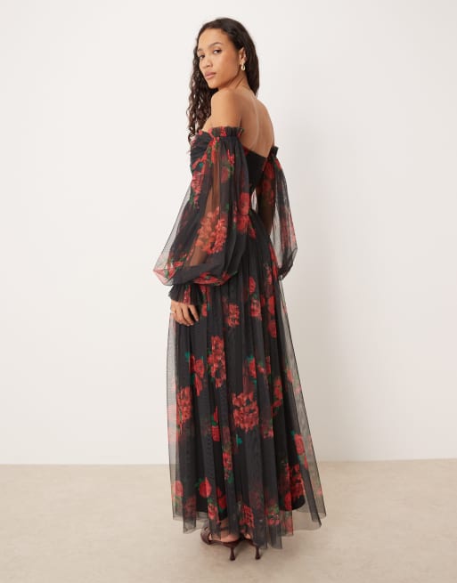 Lace & Beads - Sort offshoulder-maxikjole med ballonærmer og rosenprint i tyl, 4 af 4