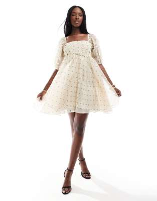 square neck babydoll organza mini dress in polka dot-Neutral