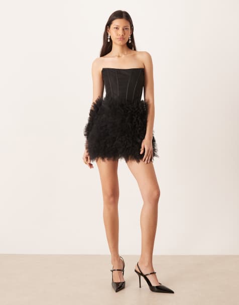 Lace & Beads strapless corset detailing tulle skirted mini dress in black - view 1