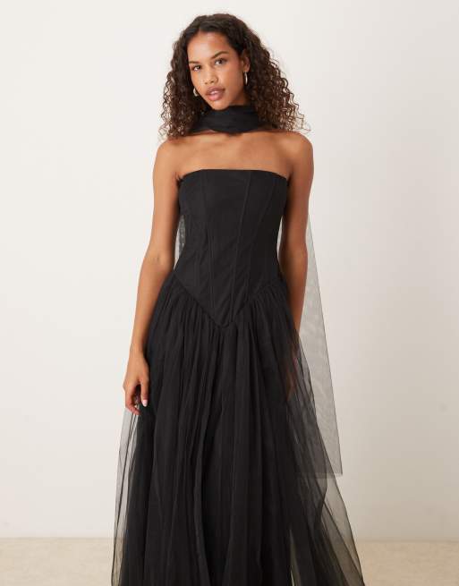 Lace & Beads strapless drop hem corset maxi dress with neck scarf in black, 4 of 4
