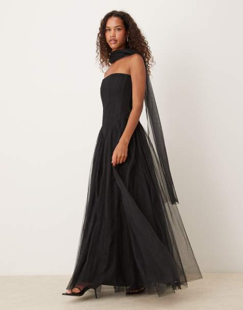 Lace & Beads strapless drop hem corset maxi gown with neck scarf in black - view 1