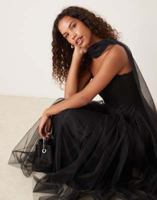 Lace & Beads Strapless Drop Hem Corset Maxi Gown With Neck Scarf In Black