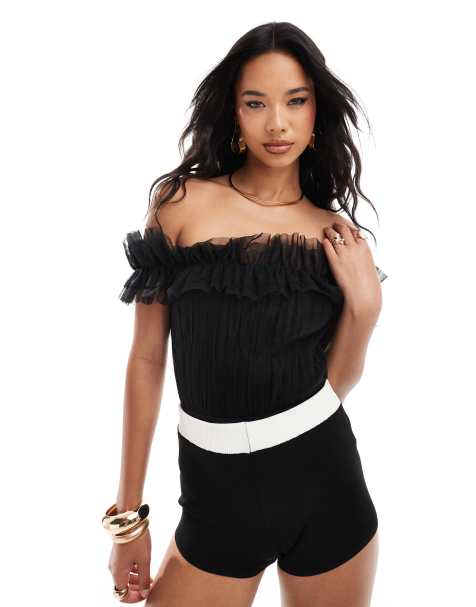 Lace & Beads strapless ruffle bodysuit in black - view 1