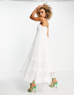 Lace & Beads strappy tiered hem maxi dress in white