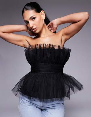 structured bandeau tulle top in black