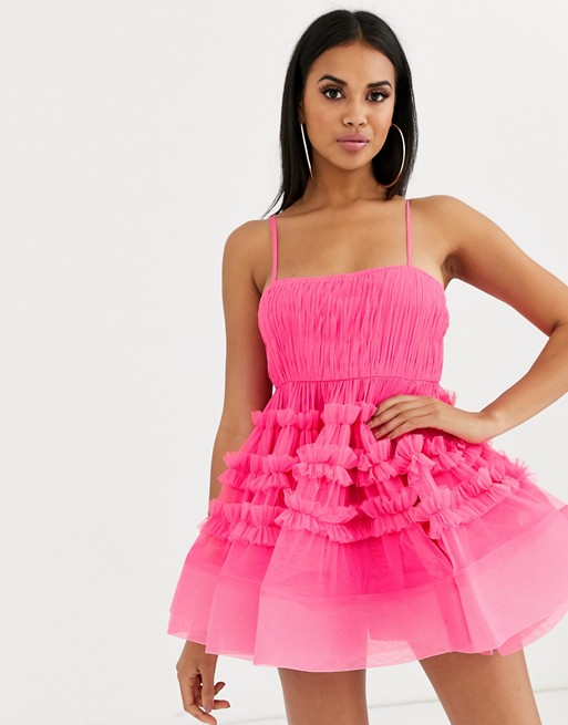 Lace & Beads structured tulle mini dress with built in bodysuit in bright fuchsia