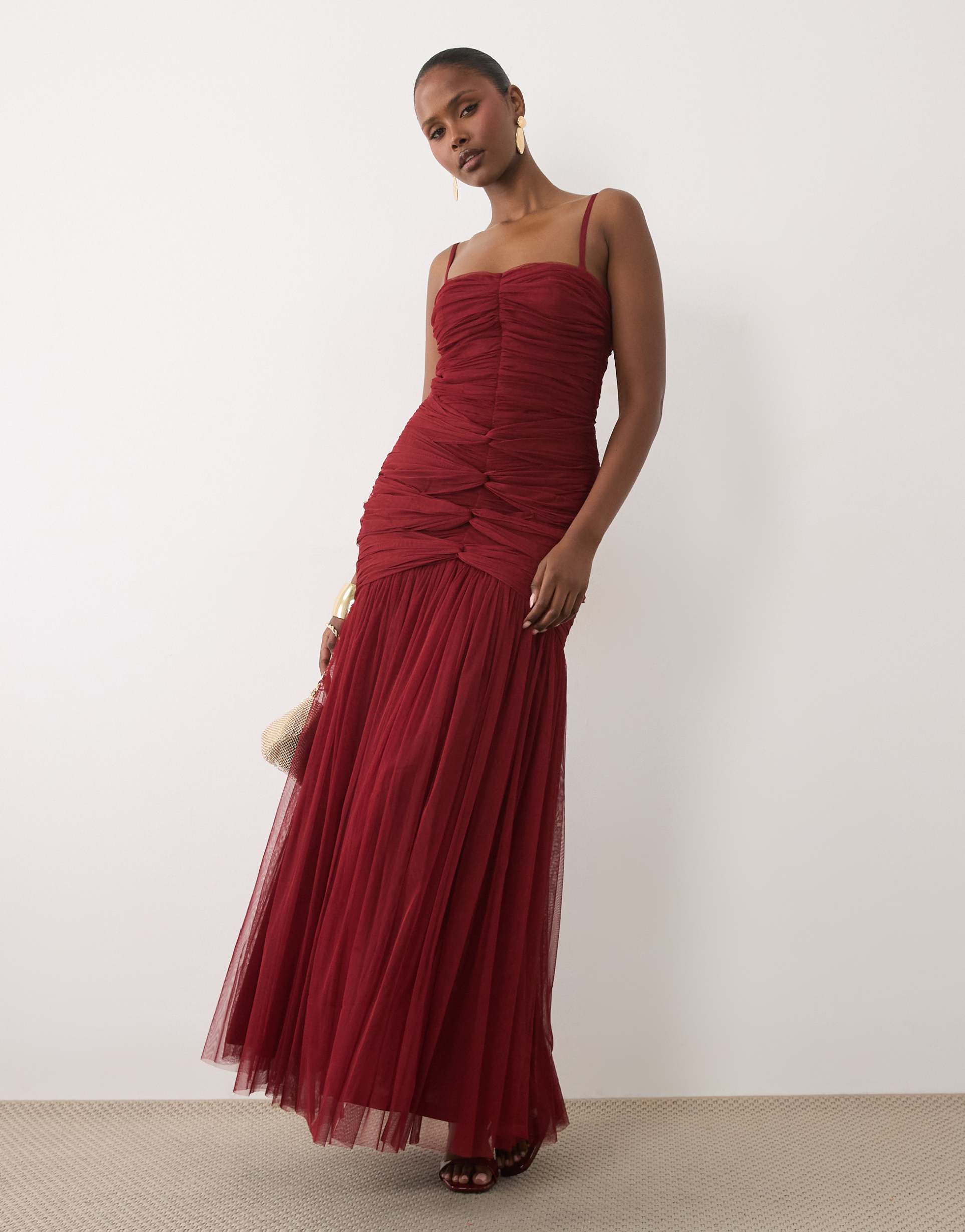 lace & beads structured cami knot detail dropped waist fishtail maxi dress in deep crimson