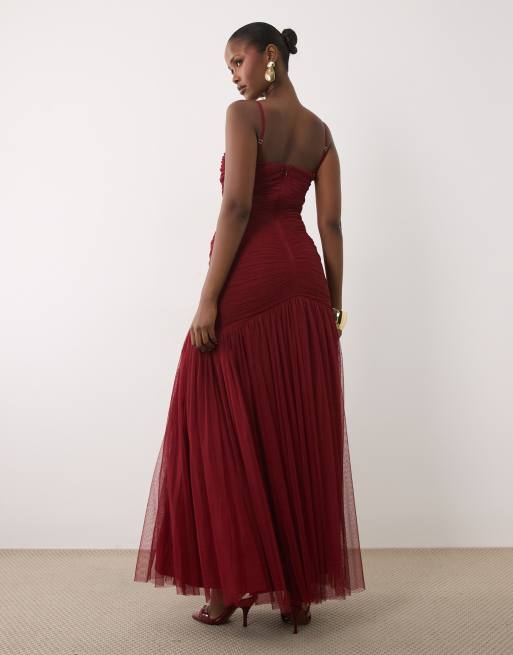 Lace & Beads structured cami knot detail dropped waist fishtail maxi dress in deep crimson, 2 of 4