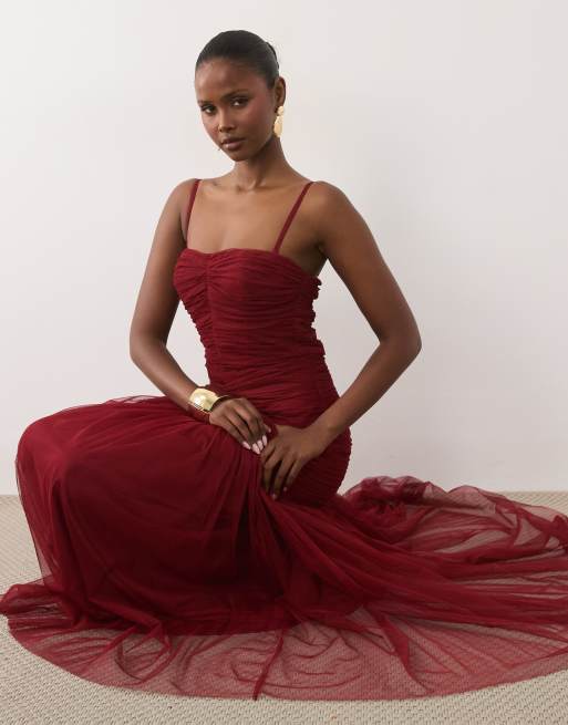 Lace & Beads structured cami knot detail dropped waist fishtail maxi dress in deep crimson, 3 of 4