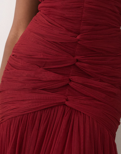Lace & Beads structured cami knot detail dropped waist fishtail maxi dress in deep crimson, 4 of 4