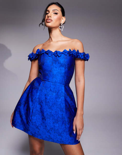 Lace & Beads structured jacquard mini dress in cobalt - view 1