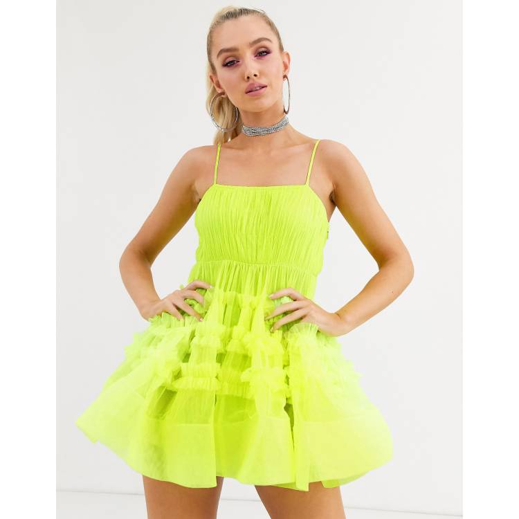 Lace u0026 Beads structured tulle mini dress with built in bodysuit in neon  lime | ASOS