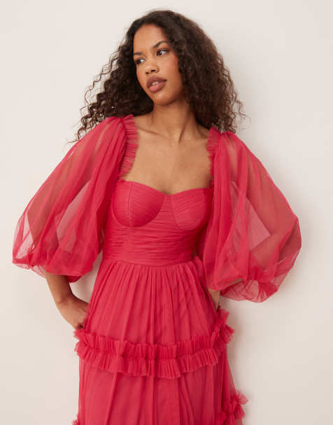 Lace & Beads corset balloon sleeve ruffle maxi dress in bright fuchsia