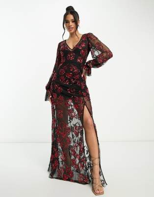 Lace & Beads – Sukienka maxi z długimi rękawami i czerwonymi aplikacjami – tylko w ASOS - view 1