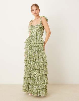 Lace & Beads – Sukienka maxi z falbankami i wiązanymi ramiączkami w oliwkowy kwiatowy wzór - view 1