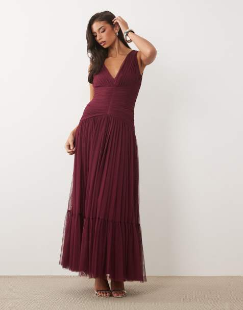 Lace & Beads sukienka maxi z tiulu bez rękawów, z obniżoną talią i warstwowym dołem w kolorze figowym - view 1