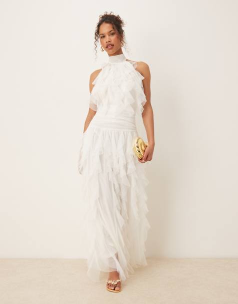Lace & Beads backless ruffle tulle maxi dress in ivory