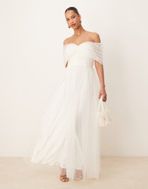 Lace & Beads bow off shoulder tulle maxi dress in ivory