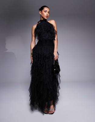Lace & Beads – Svart maxiklänning i tyll med bar rygg och volang - view 1