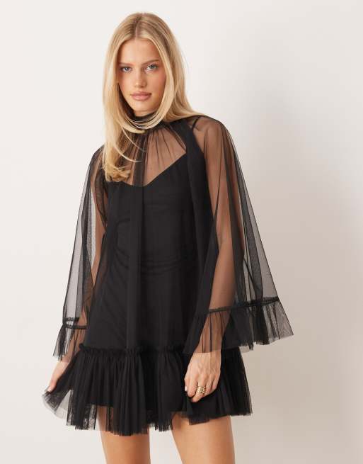Lace & Beads – Svart miniklänning med hög krage och skira ärmar, 2 av 4