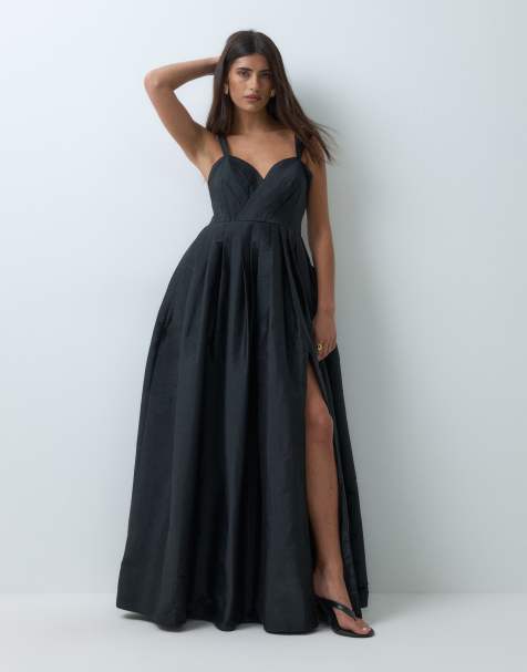 Lace & Beads sweetheart cap sleeve corset detail maxi dress in black