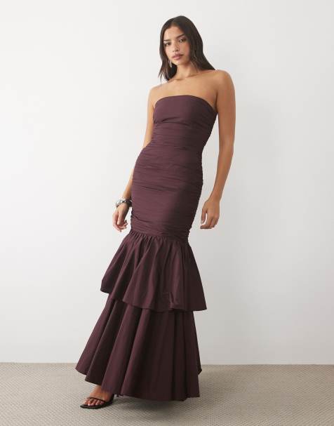Lace & Beads taffeta bandeau fishtail ruffle hem maxi dress in burgundy - view 1