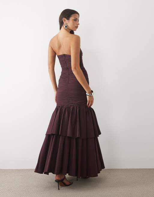 Lace & Beads taffeta bandeau fishtail ruffle hem maxi dress in burgundy, 4 of 4
